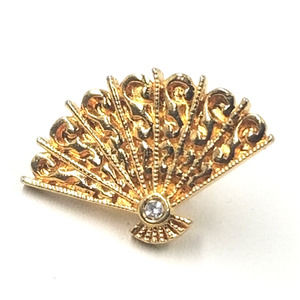 VTG Folding Fan Swirl Rhinestones Gold Tone Lapel Pin Tie Tack Avon Jewelry